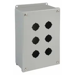 This WIEGMANN enclosure is designed to house up to six 30mm push buttons, pilot lights, or selector switches. Constructed from carbon steel with a NEMA 4 rating, it provides washdown and corrosion resistance for industrial environments such as food processing, chemical plants, and outdoor manufacturing facilities.
