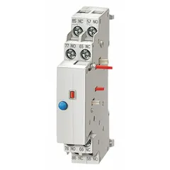 This auxiliary contact block is designed for use with Siemens SIRIUS 3RV2 motor starter protectors. It provides additional switching contacts for monitoring and control functions in motor control panels, enabling status signaling, interlocks, or remote alarms.