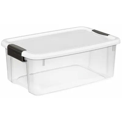 STERILITE Storage Tote: 4.5 gal, 18 1/8 in x 12 1/4 in x 7 in, Clear Body, White Lid - Clearview Totes with Latch-On Lids