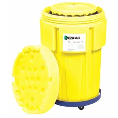This mobile spill collector kit consists of a 103-gallon polyethylene drum and a drum funnel. It is used for containing and collecting liquid spills, drips, or leaks from drums, machinery, or during fluid transfer in industrial settings.