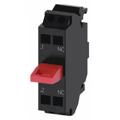 This contact block from the Siemens 3SU1 series provides one normally closed (1NC) momentary contact. It features spring terminals for tool-free wiring and is designed for 22 mm panel mounting. Typical applications include use as a switching element in industrial control panels and machinery for temporary circuit interruption.