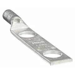 Two-hole compression lug for terminating 4 AWG stranded copper conductors. Features a standard copper barrel and an inspection hole for visual verification of wire insertion. Suitable for use in power distribution panels, switchgear, and industrial machinery requiring secure, low-resistance connections.