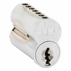 Small Format Interchangeable Core (SFIC) cylinder in chrome finish for cylindrical lock assemblies. Features a B2 keyway and 7 pins. Designed for applications requiring quick rekeying without core removal.