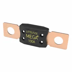 Two-hole bolt-on time-delay fuse rated 100 A at 32 V DC. Designed for high-current circuit protection in automotive electrical systems, protecting wiring from overloads and short circuits.