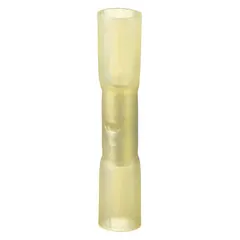 Yellow heat shrink insulated butt splice connector for joining two wires end-to-end. Accepts 12 AWG to 10 AWG wire, rated 600 V. Heat shrink tubing provides environmental sealing and strain relief. Suitable for electrical splicing in control panels, automotive wiring, and general maintenance.