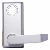 Silver aluminum lever trim for exit push bars. ADA compliant. Provides outside lever operation while maintaining safe egress. Used on commercial doors in buildings requiring accessible hardware