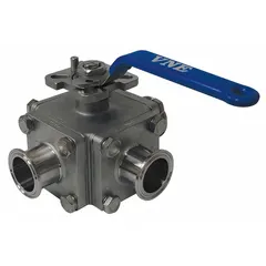 This VNE three-way ball valve features a T-port flow pattern and is constructed from 316 stainless steel with a 20 micron Ra surface finish. It has a locking lever handle and a maximum pressure rating of 600 psi CWP. Suitable for use in sanitary processing applications where flow diversion or mixing is required.