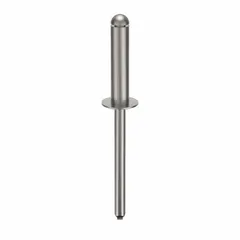 Domed-head blind rivet with 0.186" diameter and 2 10/99" overall length. Body length is 51/64", overall length 2 3/32". Supplied in a 100-pack. Used for fastening materials where only one-sided access is available, such as in metal fabrication, automotive repair, and sheet-metal assembly.