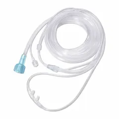 PVC nasal cannula for adult patients. Features a 10 ft tube length. Used for delivering supplemental oxygen in clinical or home-care settings.