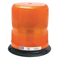 Round amber LED flashing beacon with 11 selectable flash patterns. Operates on 12-48V DC and includes a mounting gasket. Bolt mount with blunt cut wires for electrical connection. SAE Class 2 rated for vehicle warning applications