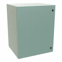 This steel washdown enclosure measures 30 x 24 x 20 inches and features a solid hinged cover secured with a 1/4-turn latch. Rated NEMA 12/3R/4, it provides protection against dust, rain, sleet, and hose-directed water for electrical controls and components in industrial environments. Knockouts are not included