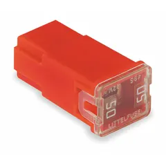 Red female cartridge fuse rated 50 A at 32 V DC. Time-delay characteristic accommodates inrush currents in DC circuits. Suitable for overcurrent protection in automotive and other DC power distribution applications.