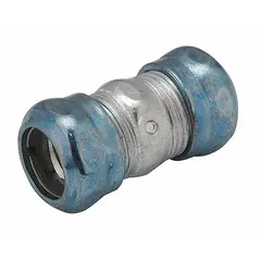 Steel compression coupling for connecting two lengths of 1/2 in EMT conduit in rain-tight electrical raceway systems. Zinc-plated gray finish, includes sealing washer. Overall length 2 1/16 in. cULus 514B listed.