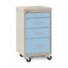 This compact medical supply cart from METRO features a steel cabinet in taupe with four light blue drawers. It is equipped with two swivel casters for maneuverability. Designed for organizing and transporting medical supplies, instruments, and medications in healthcare settings.