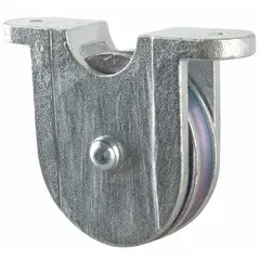 Mounted side-mount pulley block for lifting and pulling with wire rope. Bolt-on configuration with brass construction. Suitable for industrial rigging and material handling applications requiring a fixed pulley point.