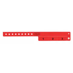 Vinyl security wristband with 'Stubs Void If Detached' tamper-evident feature. Red, 10 inches long by 3/4 inch wide. Pack of 500. Suitable for access control and event management applications.
