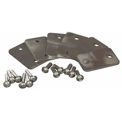 Stainless steel inline bracket for securing solid plastic polymer bathroom partitions. Includes mounting hardware. Overall height 3 in, width 1 1/2 in. Used in commercial restroom partition systems to provide corrosion-resistant support.