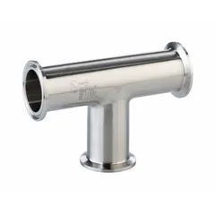 This 316L stainless steel sanitary tee fitting has a 4 in OD x 4 in OD x 4 in OD size and clamp connection. It is designed for use in hygienic piping systems where flow splitting or merging is required. The fitting complies with ASME BPE standards for cleanability and sanitary design.