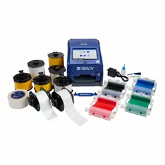 Portable label printer with 300 dpi printhead resolution and continuous roll capability. Includes battery, mounting bracket, B30 Series R10000 black ribbon, and Brady Workstation Design and Print Pro - VWS software. Suitable for on-demand industrial labeling, wire marking, and asset identification in maintenance, electrical, and facility management applications.