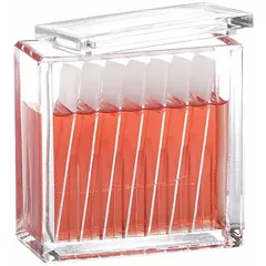 Glass Coplin jar with cap for laboratory staining procedures. Holds up to 16 microscope slides for batch processing of histological or cytological stains. Dimensions: 76 mm height, 25 mm width, 75 mm depth.