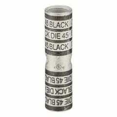 This crimped butt splice compression connector is designed for joining two 2/0 AWG wires. It features a copper barrel for conductivity and mechanical strength, a black color code, and a Die Code of 45. The connector measures 2.15 inches in length. Typical applications include electrical power distribution, industrial machinery, and heavy equipment installations where permanent wire connections are required.