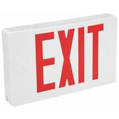 LED exit sign with white plastic housing and red lettering. Operates on 120/277 V AC and includes nickel-cadmium emergency battery backup. Features universal field-selectable chevrons for directional indication. Suitable for ceiling mounting in commercial buildings requiring code-compliant emergency egress lighting.