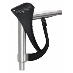This manual nozzle is designed for drum pump fluid transfer applications. It features a stainless steel spout and a nozzle body constructed from stainless steel and Viton™. The spout connection is integral to the nozzle, and no meter is included.