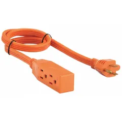 Indoor extension cord with three outlets, 3 ft length, NEMA 5-15P plug, 14/3 gauge, SPT-3 jacket, and orange block. Rated for temperatures from 32° to 167°F. Suitable for powering multiple devices in workshops, offices, or homes where a short reach is needed.