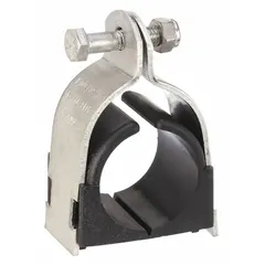 This vibration-dampening strut clamp is designed for 1 1/4 in pipe with a maximum outside diameter of 1 11/16 in. It includes mounting hardware and features a TPE cushion material for general-purpose temperature applications. Used to secure and isolate pipe runs in industrial piping systems, reducing vibration and noise.