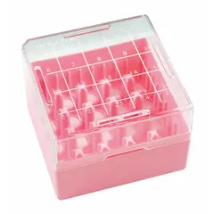 This WHEATON freezer box is constructed of resin to resist moisture and cracking at low temperatures. It measures 75 mm in overall length and width, providing compact organization for vials, tubes, or cryogenic specimens in laboratory or industrial freezer environments.