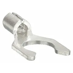 Non-insulated locking fork terminal for #10 stud size, accepting 22 AWG to 16 AWG wire. Rated 600 V. The locking fork design provides vibration resistance in electrical connections. Suitable for use in control panels, machinery, and power distribution systems.
