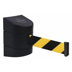 This wall-mount retractable belt barrier features a 15 ft black/yellow belt and a black frame. It is used for crowd control, queue management, and safety delineation in industrial facilities, airports, and event spaces. The removable mounting plate allows for flexible installation.