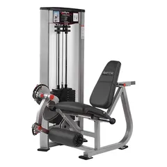 Single-station hip and leg machine with a steel frame, powder-coated gray and black finish, and vinyl upholstery. Overall length of 66 inches. Designed for strength training, isolating the quadriceps through controlled extension motion.
