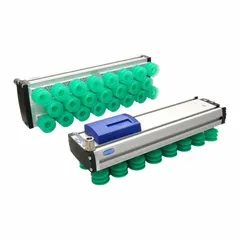 Vacuum gripping system with 22 suction cells and 1 ejector, 442 mm overall length, normally open configuration. Silicone construction. Used for automated handling of flat or slightly curved workpieces in pick-and-place, packaging, and assembly applications.