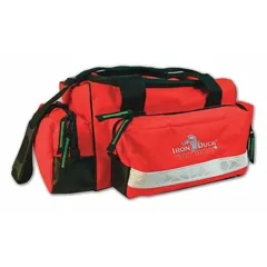 This medical duffel bag is constructed of orange nylon for high visibility. It features a zipper closure and a removable interior lining for easy cleaning and reconfiguration. The bag is sized at 21 inches long, 15 inches wide, and 10 inches high, suitable for organizing and transporting medical supplies in emergency response settings.