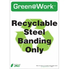 Adhesive sign for marking recyclable steel banding areas. Non-retroreflective, non-glow-in-the-dark. Sold in a 5-pack. Suitable for use in industrial facilities and warehouses to designate specific disposal or recycling zones.