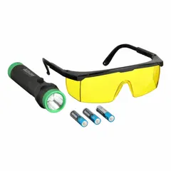 The SPECTROLINE Leak Detection Lamp (MPN SPE-HVL-CS) uses a violet light LED to excite fluorescent dyes, making leaks visible in HVAC, refrigeration, and fluid systems. It operates on AAA batteries (included) and comes with fluorescence enhancing glasses for improved contrast. This portable lamp is suited for locating refrigerant and fluid leaks in various systems.