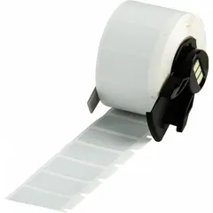 Precut label roll measuring 1 in by 1/2 in, made of polyester with halogen-free and metal-detectable properties. Compatible with BMP71 printer using Media Adapter. Used for labeling in environments requiring material traceability and halogen-free compliance.