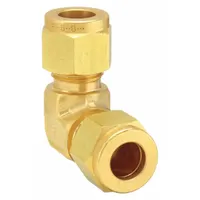 This single-ferrule brass compression fitting elbow connects two 3/8 in OD tubes at a 90-degree angle. The compression x compression configuration provides secure, leak-resistant joints in pneumatic, hydraulic, and instrumentation tubing systems