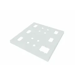 Steel overhead service panel with a 23 3/4 in square footprint. Used in laboratory environments to organize and distribute utility services such as electrical, data, or gas lines to workstations.