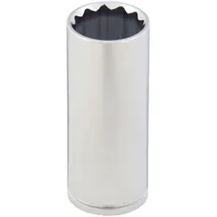 This 1/2" drive hand socket features a 21 mm, 12-point, deep configuration with a chrome finish. The 12-point design provides multiple engagement angles for accessing fasteners in confined spaces. The deep socket allows for use on recessed bolts and nuts. Suitable for tightening or loosening metric fasteners in general mechanical and maintenance tasks.
