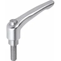 This KIPP adjustable handle features a teardrop-style design with a threaded stud for manual clamping, positioning, and adjustment of machinery components. It has an M8 thread with 25 mm thread length and 80 mm overall length in a silver finish. The handle is corrosion-resistant, suitable for use in jigs, fixtures, and workholding equipment where frequent repositioning is required