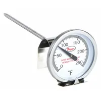 General-purpose vat and pan clip-on dial thermometer for temperature monitoring in food-service or processing equipment. Clips onto vessel walls for continuous Fahrenheit readings from 0°F to 250°F with +/-2% accuracy. Features a 5-inch stem length