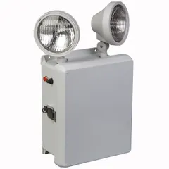 This LED emergency light features a fiberglass housing rated NEMA 4X for wet locations. It operates on 120/277V AC, provides 18W emergency power, and includes two lamp heads. Suitable for use in areas exposed to moisture or corrosive conditions.