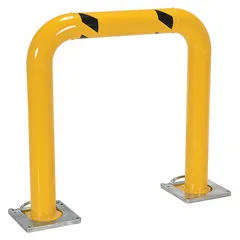 This high-profile pipe-style guardrail is constructed from yellow steel for high visibility. It is floor mounted with a 5/8 in mounting hole diameter and a top rail height of 36 in. Mid-rail and mounting hardware are not included. Typical applications include creating physical barriers around machinery, equipment, or hazardous areas in industrial facilities to prevent accidental contact.
