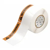 Warning header precut label roll, 4 in x 6 in, made of white polyester with rubber adhesive. Halogen-free material. Contains 500 labels per roll. Compatible with IP Series printers. Used for industrial safety identification and warning signage