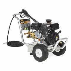 This gas-powered cold water pressure washer delivers 3200 psi at 2.4 gpm and is mounted on a cart for portability. Designed for heavy-duty cleaning of equipment, vehicles, and surfaces in industrial settings such as construction, agriculture, and manufacturing. Rated for 20 hours of use per week.