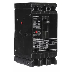Siemens HED4 series molded case circuit breaker rated 50 A with a maximum interrupting rating of 42 kA at 480 V AC. Features fixed instantaneous trip, ABC phase connection, and load side lug terminals. Suitable for overcurrent protection in power distribution panels, motor control centers, and switchboards.