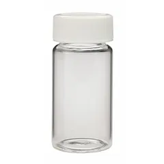 This 20 mL glass scintillation vial features a colorless, round bottom and self-standing design. It includes a polypropylene screw closure with 24-400 mm thread. The vial has a 28 mm body diameter and is suitable for scintillation counting, sample storage, and general laboratory use.