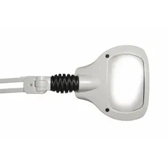 This clamp-mount tabletop medical light delivers 4600 lux illumination at 4000K color temperature with 80 CRI. It operates on 120V AC and consumes 15W, featuring 1.88x magnification for detailed examination tasks in clinical settings.